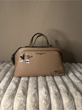 Karl Lagerfeld Taupe Pebble Leather Satchel with Graphic Accents